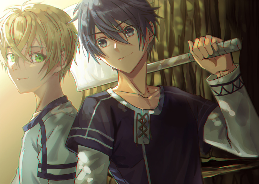 2boys axe black_eyes black_hair black_shirt blonde_hair closed_mouth collarbone eugeo eyebrows_visible_through_hair green_eyes grey_shirt hair_between_eyes holding holding_axe k_harris kirito long_sleeves looking_to_the_side male_focus multiple_boys shiny shiny_hair shirt short_over_long_sleeves short_sleeves smile sword_art_online upper_body