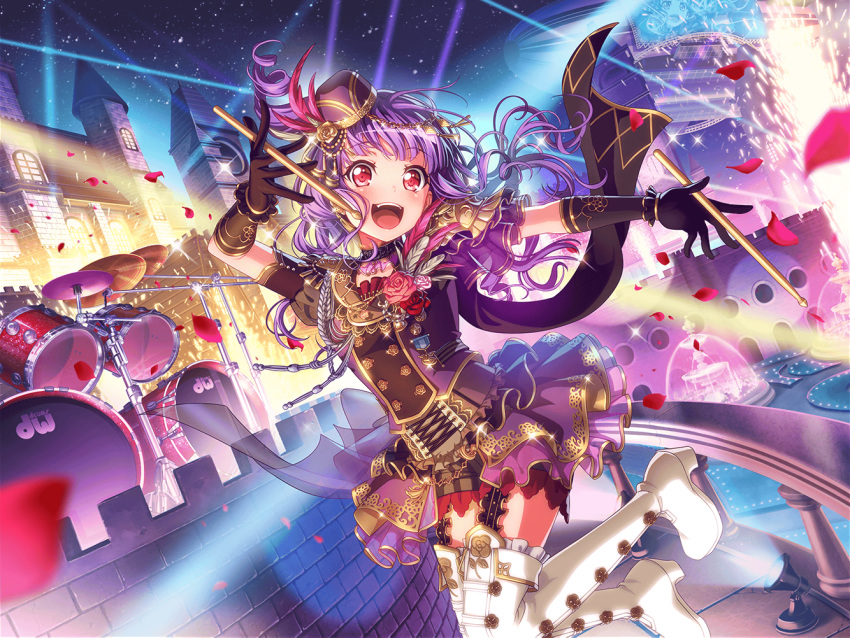 1girl :d arm_up artist_request bang_dream! black_gloves blush boots choker curly_hair drum drum_set drumsticks fangs fountain frilled_choker frilled_gloves frilled_legwear frills garter_straps gloves hair_down hat holding_drumsticks instrument jumping long_hair looking_at_viewer mini_hat night official_art open_mouth outdoors purple_hair red_eyes smile thigh_boots thighhighs udagawa_ako white_footwear