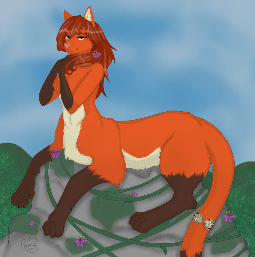 centaur chakat chakattailswisher digital_media_(artwork) digital_painting_(artwork) equid equid_taur felid felid_taur flower hair herm intersex invalid_tag mammal mammal_taur miss_rain outside plant red_hair rock shackles tail_cuff taur