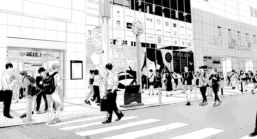 akihabara_(tokyo) arguing black_hair bollard crosswalk dress fate_(series) goshiki_suzu highres idolmaster idolmaster_shiny_colors long_hair lord_el-melloi_ii lord_el-melloi_ii_case_files mary_janes mayuzumi_fuyuko monochrome multiple_boys multiple_girls necktie real_life_insert real_world_location road school_uniform shoes sidewalk street surgical_mask walking waver_velvet