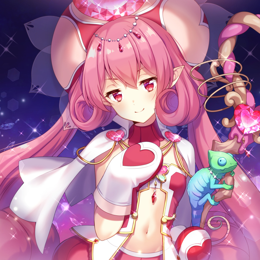 1girl absurdres animal bare_shoulders breasts cape center_opening chameleon closed_mouth commentary_request gem glint gloves hand_on_own_chest hat head_tilt heart highres ichiren_namiro long_hair looking_at_viewer navel neneka_(princess_connect) pink_hair pointy_ears princess_connect! princess_connect!_re:dive red_eyes revealing_clothes sidelocks small_breasts smile solo staff stomach upper_body very_long_hair white_gloves