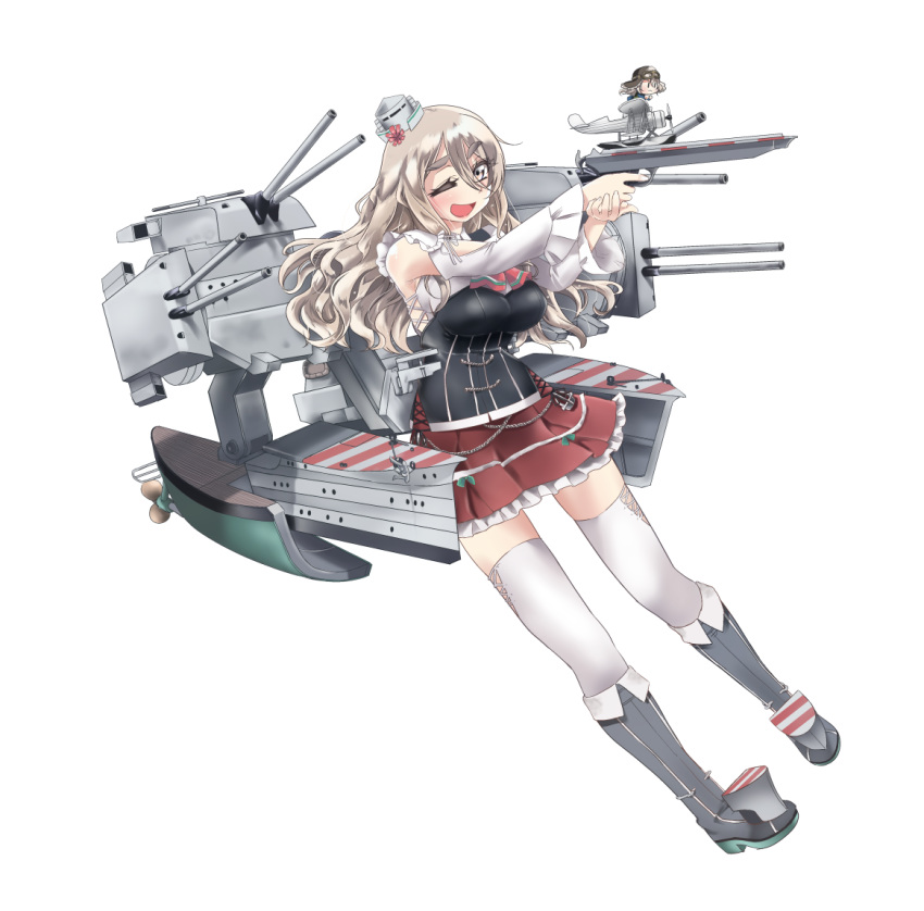 2girls aircraft airplane anchor boots bow bowtie brown_eyes cannon corset fairy_(kantai_collection) full_body grey_hair hair_between_eyes hat kantai_collection long_hair looking_at_viewer machinery mini_hat miniskirt multiple_girls one_eye_closed pola_(kantai_collection) shirt simple_background skirt smile thick_eyebrows thighhighs tilted_headwear turret uzuki_kosuke wavy_hair white_background white_legwear white_shirt