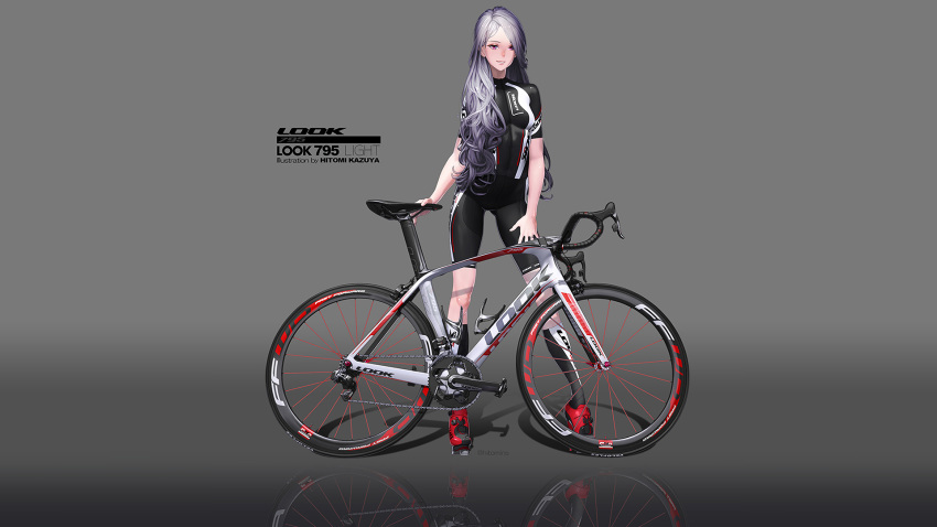 bicycle bike_shorts gloves gradient hitomi_kazuya long_hair original photoshop purple_hair shorts skintight watermark