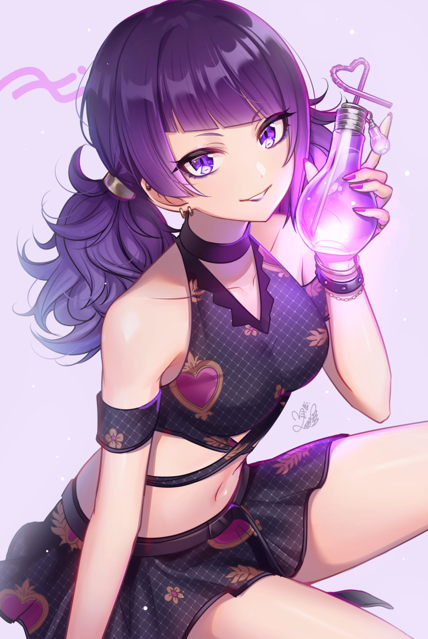 1girl absurdres bangs bare_shoulders belt black_choker black_shirt black_skirt breasts choker collarbone crop_top diagonal_bangs drinking_straw ear_piercing earrings highres holding idolmaster idolmaster_shiny_colors ilo jewelry lavender_background lipstick long_hair looking_at_viewer makeup medium_breasts midriff miniskirt nail_polish navel parted_lips piercing purple_eyes purple_hair revision shirt signature skirt sleeveless sleeveless_shirt smile solo tanaka_mamimi thighs twintails