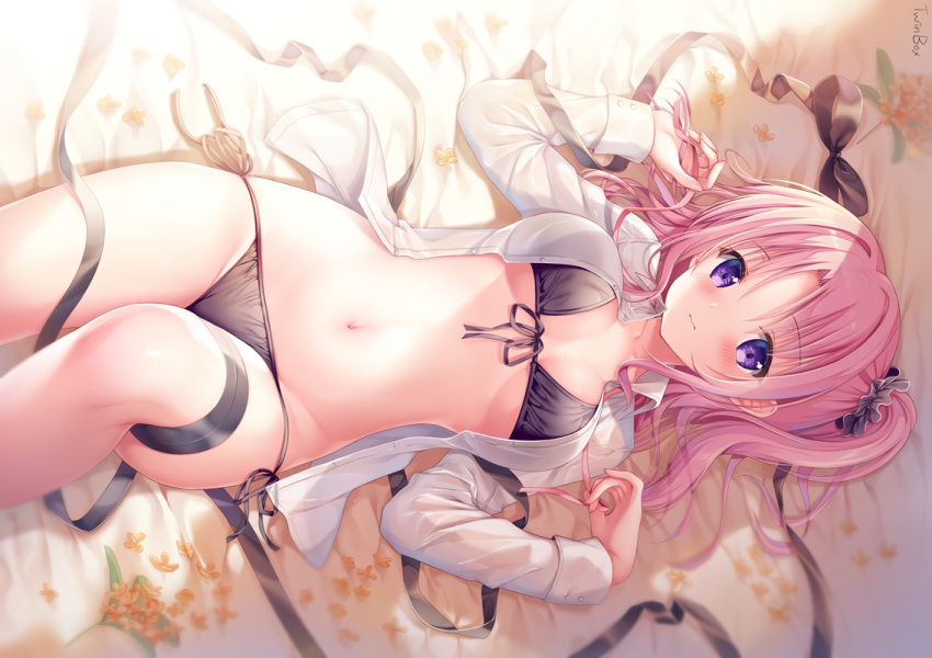 bikini blush flowers long_hair navel open_shirt original pink_hair purple_eyes sousouman swimsuit twintails watermark