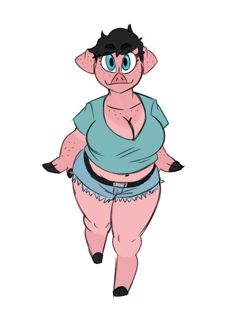 anthro black_hair blue_eyes curvaceous domestic_pig female freckles hair invalid_color mammal ravenpen21 short simple_background suid suina suntan sus_(pig) tan_line white_background