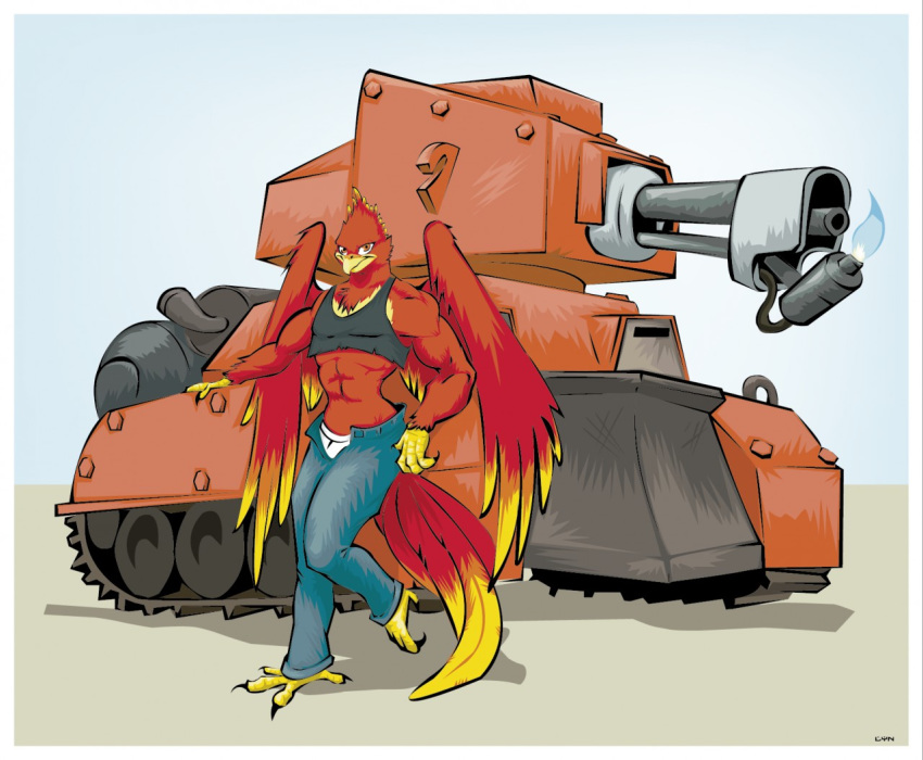avian beak bird boom_beach clothed clothing digital_media_(artwork) european_mythology eviljrgr feathered_wings feathers fire flamethrower greek_mythology male marcus_red muscular muscular_male mythological_bird mythological_firebird mythology phoenix ranged_weapon red_feather simple_background smile solo standing tank vehicle weapon wings