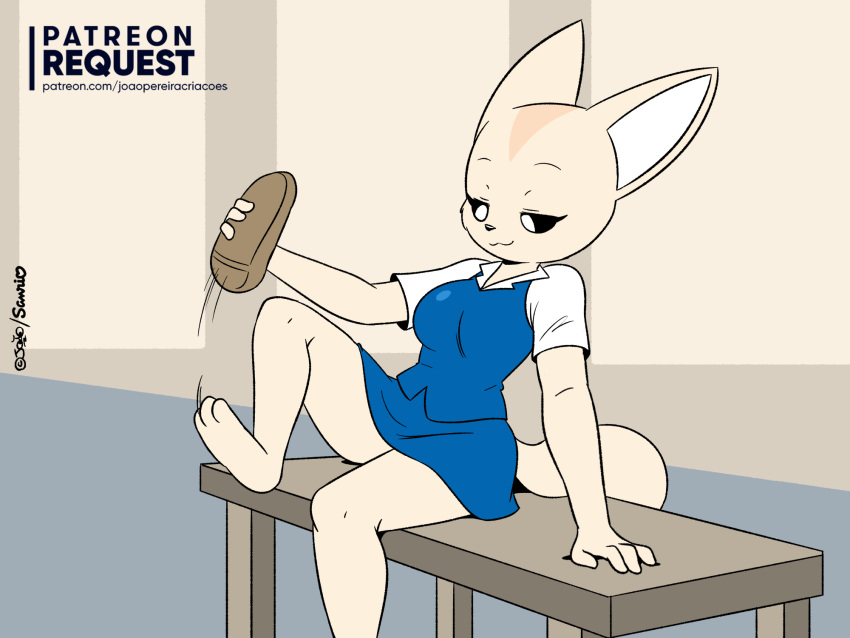 3_toes aggressive_retsuko anthro barefoot bench canid canine clothed clothing female fennec fenneko fox fully_clothed hi_res joaoppereiraus mammal sanrio sitting solo toes