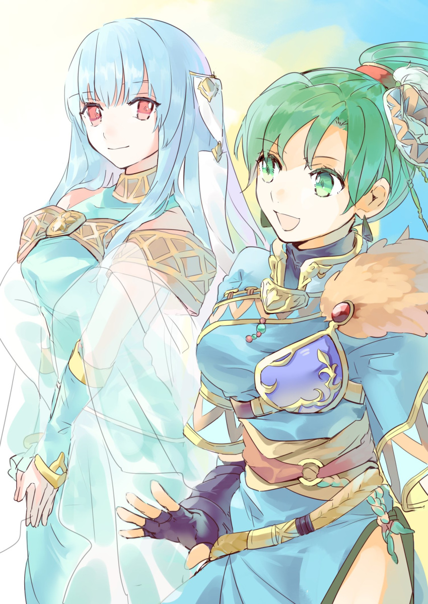 2girls black_gloves blue_hair closed_mouth dress fingerless_gloves fire_emblem fire_emblem:_the_blazing_blade fire_emblem_heroes gloves green_eyes green_hair highres hukashin long_hair lyn_(fire_emblem) multiple_girls ninian open_mouth ponytail red_eyes