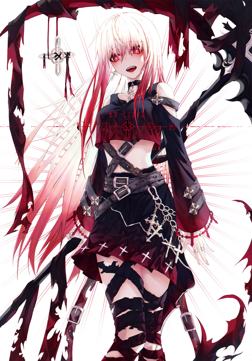 1girl andi_1021 bandages belt black_skirt blush breasts bright_pupils chain choker cross cross_earrings earrings gothic gradient_hair highres jewelry long_hair long_sleeves looking_at_viewer multicolored_hair open_mouth original pink_hair red_eyes red_hair ribbon ring scythe sharp_teeth skirt smile solo symbol-shaped_pupils teeth torn_clothes two-tone_hair very_long_hair watermark weapon white_hair white_pupils
