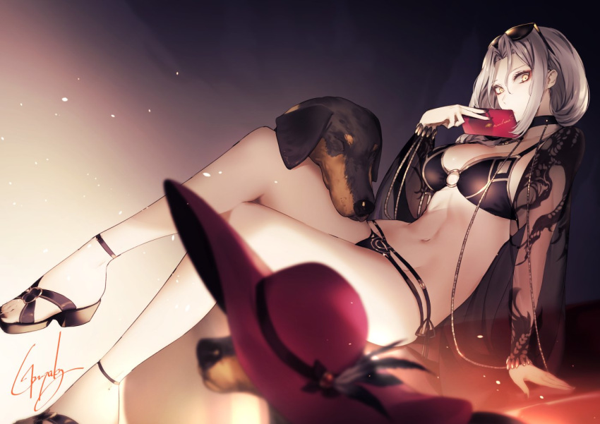 1girl ankle_strap arm_support bangs bikini black_bikini black_nails bracelet breasts carmilla_(fate/grand_order) carmilla_(swimsuit_rider)_(fate) choker cleavage collarbone covered_mouth crossed_legs dog dress eyewear_on_head fate/grand_order fate_(series) gold groin hat hat_removed headwear_removed holding jewelry kyouya_(mukuro238) large_breasts long_hair looking_at_viewer navel sandals sidelocks signature silver_hair sitting solo stomach sunglasses swimsuit thighs toned yellow_eyes