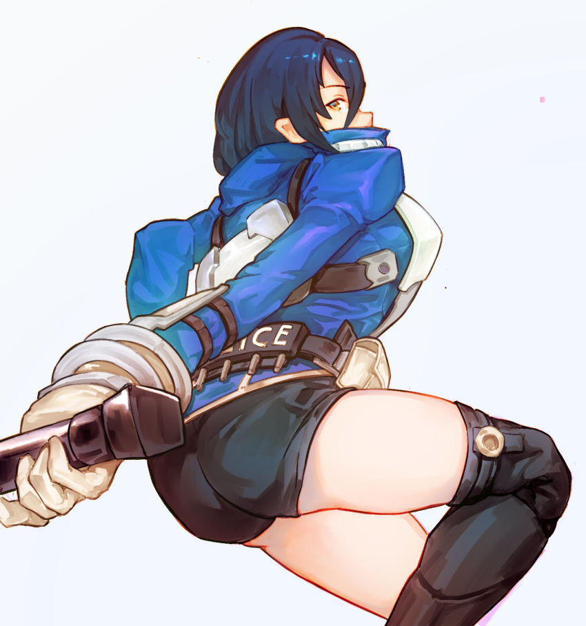 1girl akira_howard ass astral_chain brown_eyes brown_hair gloves highres jacket olegna_zueqram police police_uniform short_hair shorts simple_background solo uniform white_background