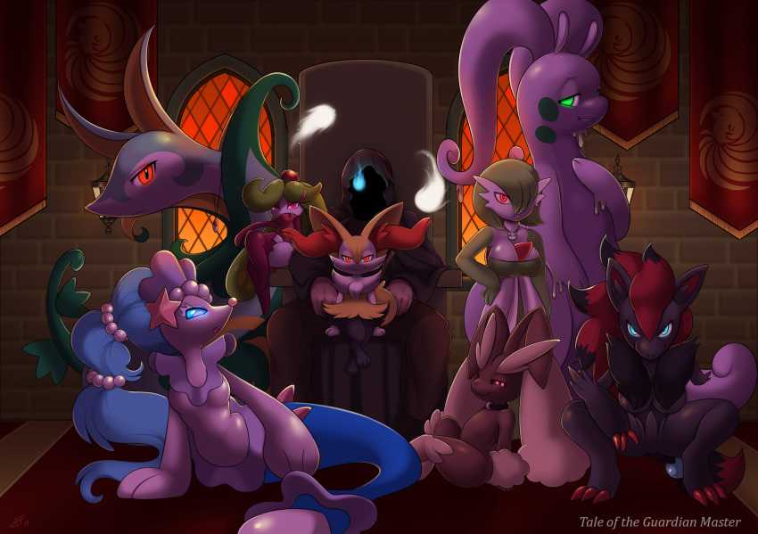 ambiguous_gender anthro banner black_fur blue_eyes breasts brown_fur castle chair claws cloak clothing collar dark_theme female feral fur gardevoir glowing glowing_eyes goodra green_eyes group harem hood human inside lantern looking_at_viewer lopunny mammal nintendo on_lap orange_eyes pok&eacute;mon pok&eacute;mon_(species) primarina red_eyes reptile scalie serperior sitting sitting_on_lap slime slimefur smile smirk spirit throne tsareena video_games zoroark