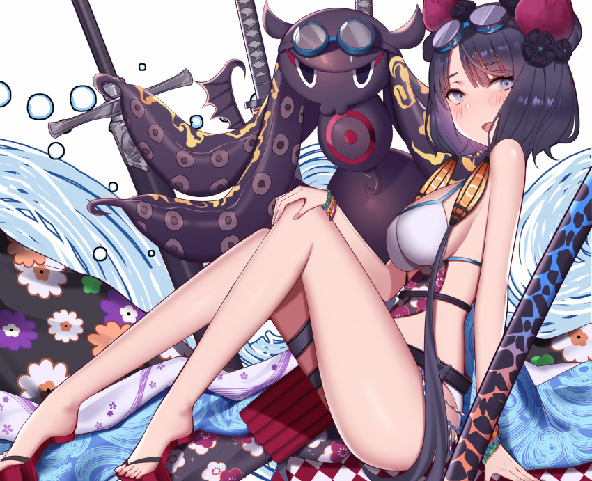 1girl aogi_(pixiv9459043) bangs bare_arms bare_legs bare_shoulders belt bikini black_flower blue_eyes blush bracelet breasts commentary_request fate/grand_order fate_(series) floral_print flower from_side goggles goggles_on_head hair_ornament highres jewelry katana katsushika_hokusai_(fate/grand_order) katsushika_hokusai_(swimsuit_saber)_(fate) large_breasts looking_at_viewer octopus purple_hair revision swimsuit sword tokitarou_(fate/grand_order) weapon white_bikini