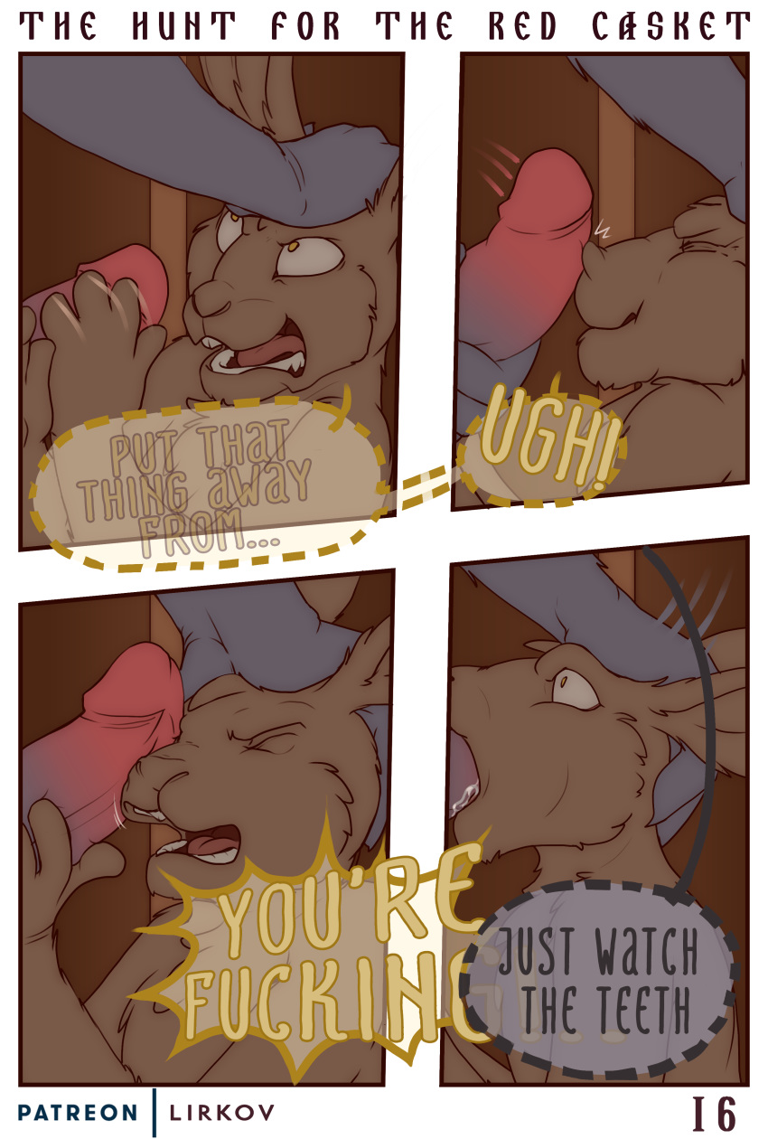 2019 absurd_res anthro bodily_fluids canid canine canis comic digital_media_(artwork) duo english_text erection fellatio forced forced_fellatio forced_oral fur genital_fluids hare hi_res lagomorph leporid lirkov male male/male mammal nude open_mouth oral penile penis sex text tongue wolf