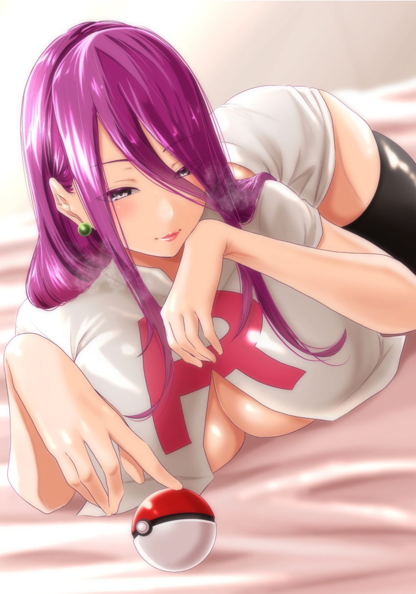 1girl black_legwear breasts cleavage eyebrows_visible_through_hair highres huge_breasts jessie_(pokemon) large_breasts lips long_hair moriton poke_ball pokemon pokemon_(anime) purple_hair single_letter solo team_rocket team_rocket_uniform thighhighs thighs