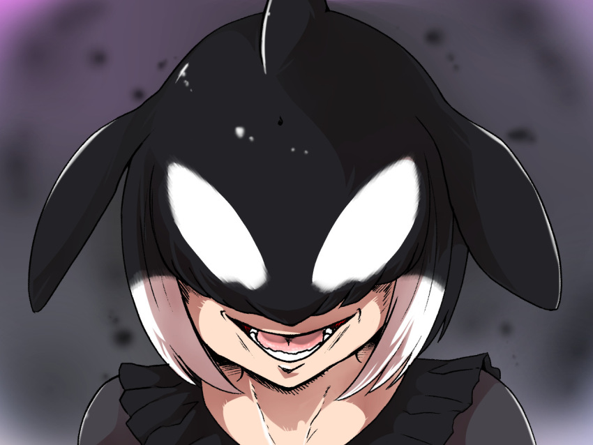 animal_humanoid black_hair blowhole cetacean cetacean_humanoid clothed clothing dorsal_fin ear_fins female fin grin hair humanoid isna kemono_friends killer_whale_(kemono_friends) mammal marine marine_humanoid multicolored_hair open_mouth orca_humanoid sharp_teeth short_hair smile solo teeth tongue toothed_whale_humanoid white_hair