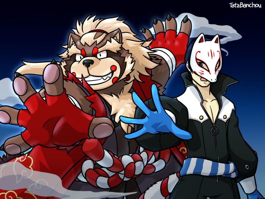 4:3 atlus canid canine clothing fingerless_gloves gloves goemon_(tas) hair handwear hi_res human long_hair male mammal mask megami_tensei megami_tensei_persona pawpads ponytail raccoon_dog slightly_chubby tanuki tatabanchou tokyo_afterschool_summoners video_games yusuke_kitagawa