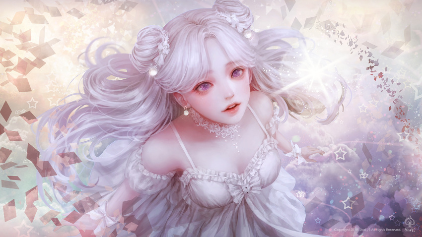 1girl artist_name breasts cleavage dated double_bun dress earrings frills from_above highres jewelry looking_at_viewer original pearl_earrings purple_eyes shal.e standing watermark white_dress white_hair