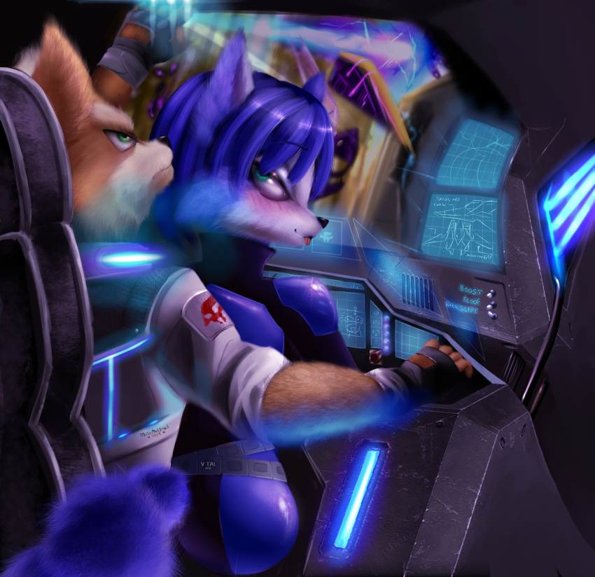 2019 anthro belt black_nose blue_fur blue_hair blush brown_fur butt canid canine clothed clothing cockpit detailed_background duo female fingerless_gloves fox fox_mccloud fully_clothed fur future gloves green_eyes hair handwear jacket jumpsuit krystal male mammal missmccloud multicolored_fur nintendo on_lap pilot short_hair sitting sitting_on_lap smile spacecraft star_fox tight_clothing tongue tongue_out topwear two_tone_fur v-tal vehicle video_games white_fur