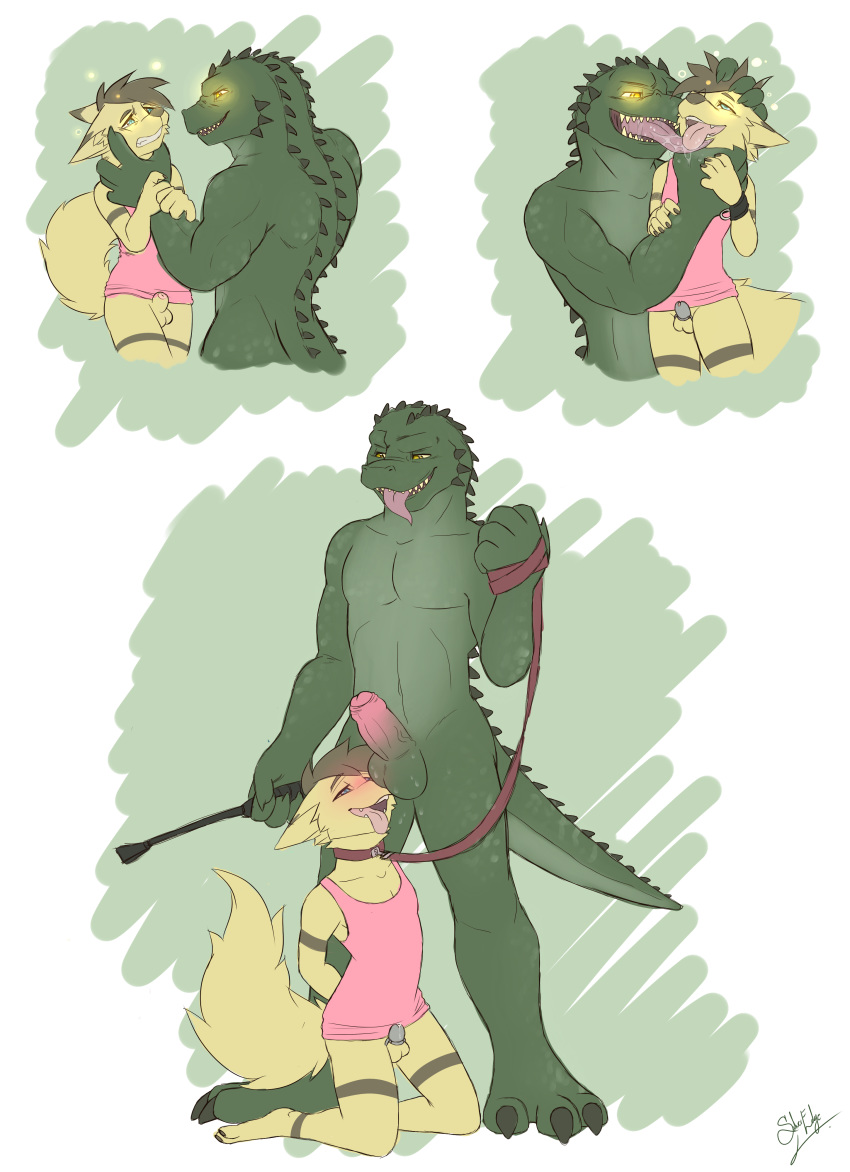 2019 3_toes absurd_res anthro asphyxiation balls bdsm big_dom_small_sub blush bodily_fluids bondage bound canid canine chastity_device choking clothing collar crocodile crocodilian crocodylid digital_media_(artwork) domination drooling duo erection feet fox genital_fluids girly hi_res humanoid_penis leash male male/male mammal master mind_control nude open_mouth oral penis reptile saliva scalie silveredge simple_background size_difference slave smile submissive toes tongue tongue_out