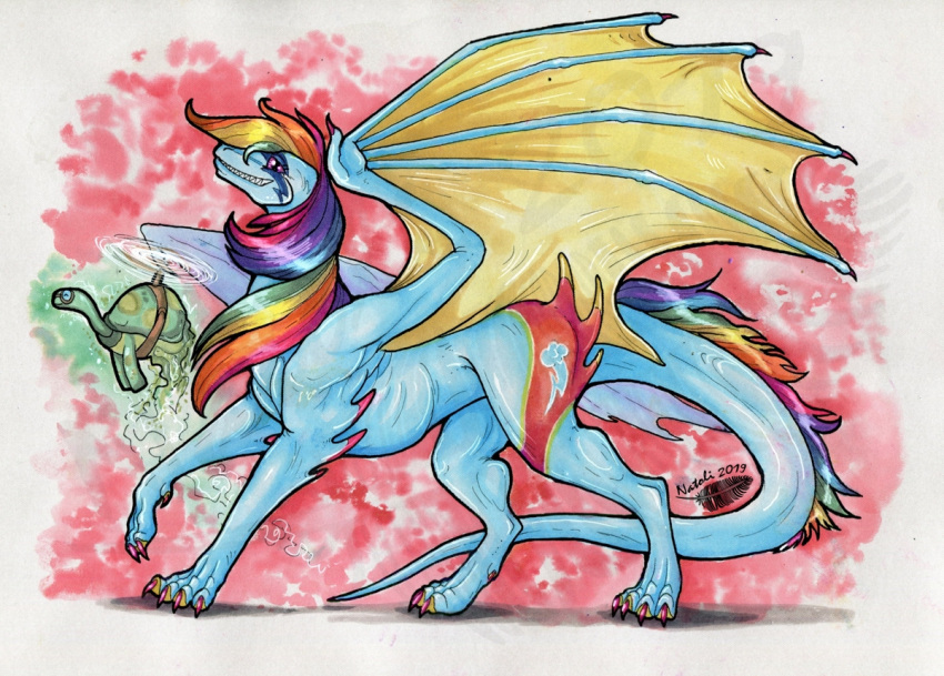 2019 claws dragon duo feral friendship_is_magic hair membrane_(anatomy) membranous_wings multicolored_hair my_little_pony natoli rainbow_dash_(mlp) rainbow_hair scalie smile standing teeth traditional_media_(artwork) western_dragon wings