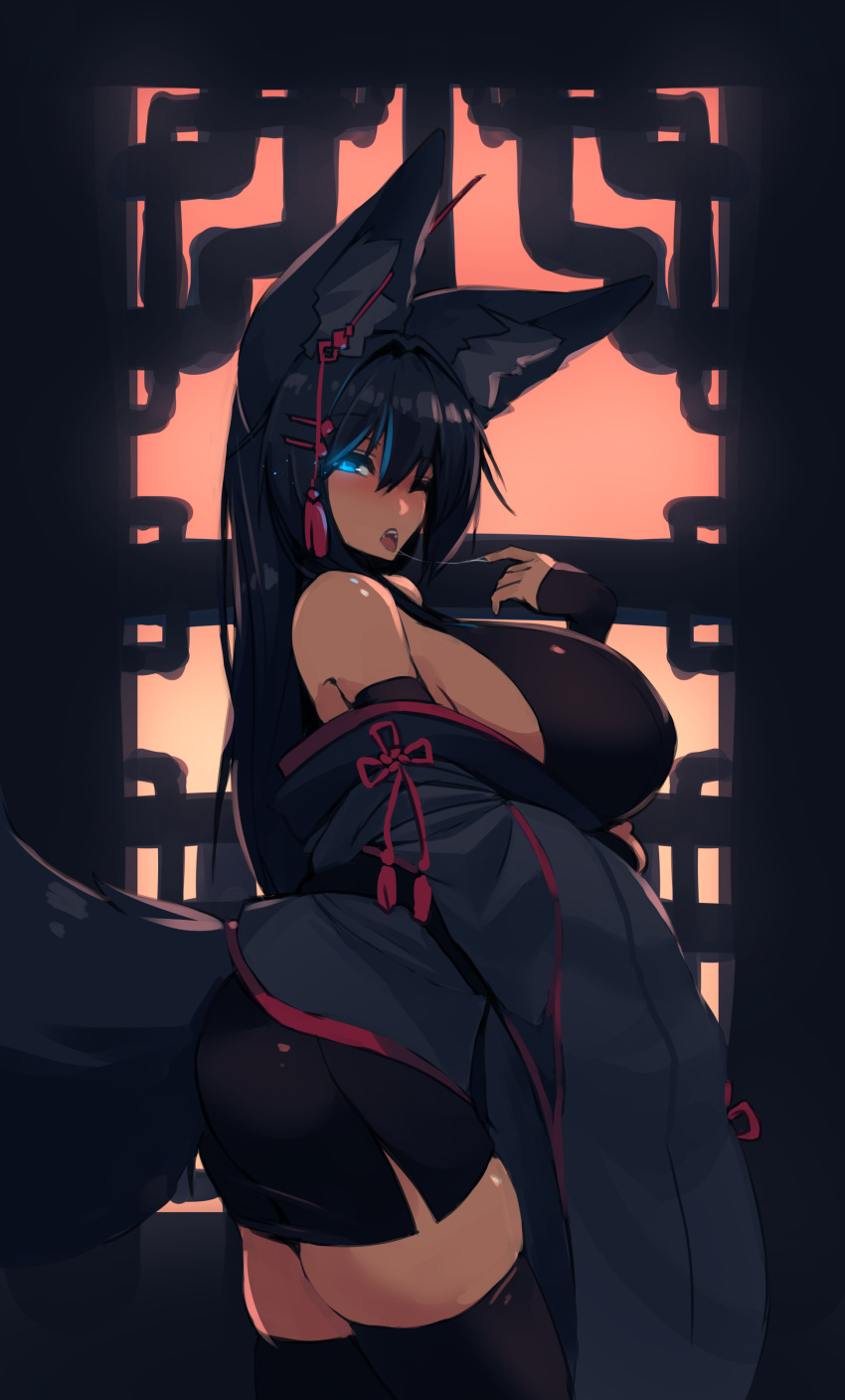 animal_humanoid big_breasts big_ears black_hair blue_eyes blush bodily_fluids breasts butt canid canid_humanoid canine canine_humanoid clothed clothing drooling female fox_humanoid glowing glowing_eyes hair huge_breasts humanoid inner_ear_fluff japanese_clothing legwear long_hair mammal mammal_humanoid one_eye_closed open_mouth saliva sidebloob solo sub-res suggestive suzu_(sub-res) teeth thigh_highs