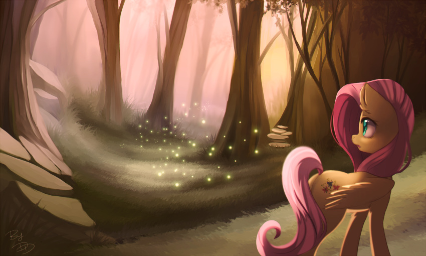 blue_eyes cutie_mark digital_media_(artwork) equid equine female feral fluttershy_(mlp) forest friendship_is_magic fur grass hair magic mammal my_little_pony outside pink_hair pterippus silberhoernchen tree wings yellow_fur