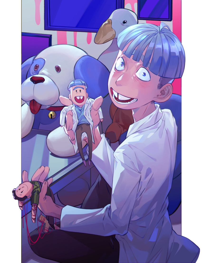 1boy absurdres blue_hair doll hanstrmoft highres jerry_smith labcoat male_focus rick_and_morty rick_sanchez sitting solo stuffed_animal stuffed_toy tooth_gap