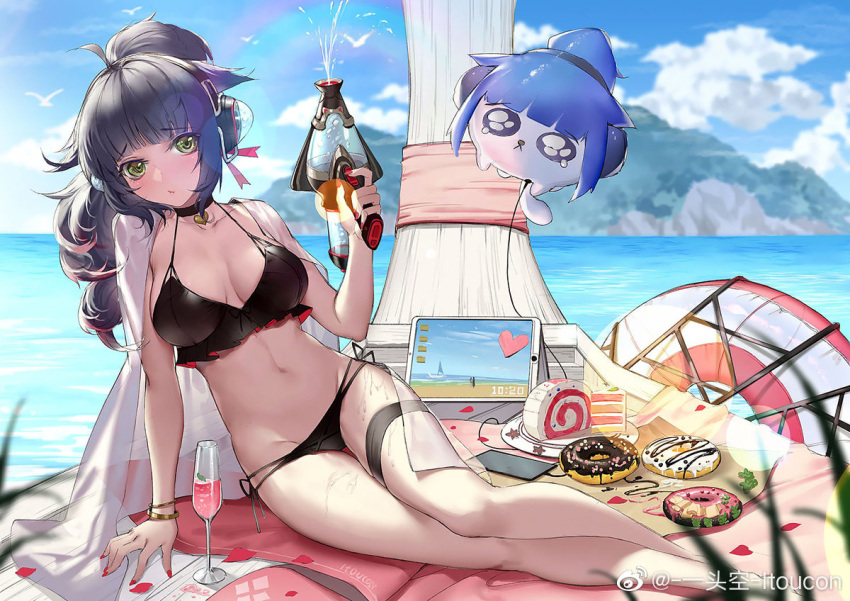 1girl ahoge arknights balloon bangs bare_legs barefoot beach bikini black_bikini blue_hair blue_sky blunt_bangs blurry blurry_background blurry_foreground bracelet breasts champagne_flute choker cup day depth_of_field doughnut drinking_glass food green_eyes headphones horizon itoucon jessica_(arknights) jewelry lens_flare long_hair looking_at_viewer medium_breasts nail_polish navel ocean outdoors petals ponytail rainbow ribbon side-tie_bikini sitting sky solo swimsuit thigh_ribbon water_gun weibo_username wet