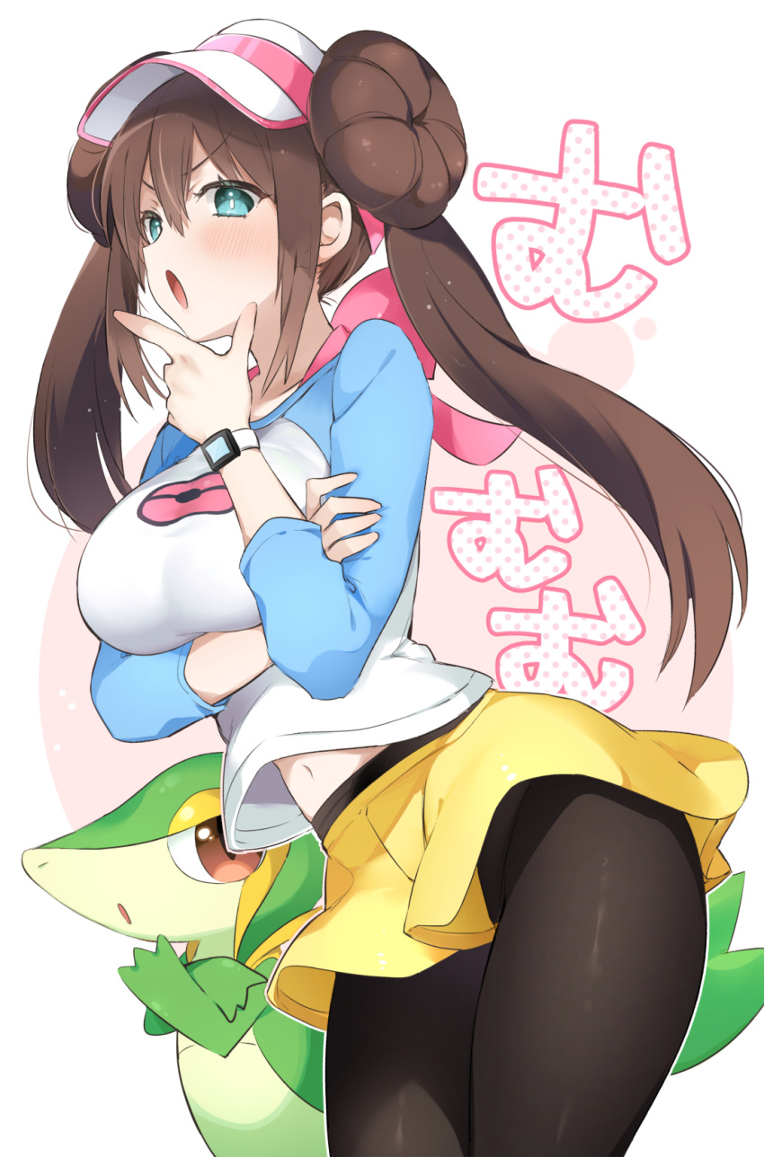 1girl :o black_legwear blue_eyes blush breast_hold breasts brown_hair commentary_request double_bun gen_5_pokemon hair_bun half-closed_eyes hat highres large_breasts legwear_under_shorts low_twintails mei_(pokemon) navel open_mouth pantyhose pokemon pokemon_(creature) pokemon_(game) pokemon_bw2 pokemon_masters short_shorts shorts sino_(sionori) snivy solo thinking twintails visor_cap watch yellow_shorts