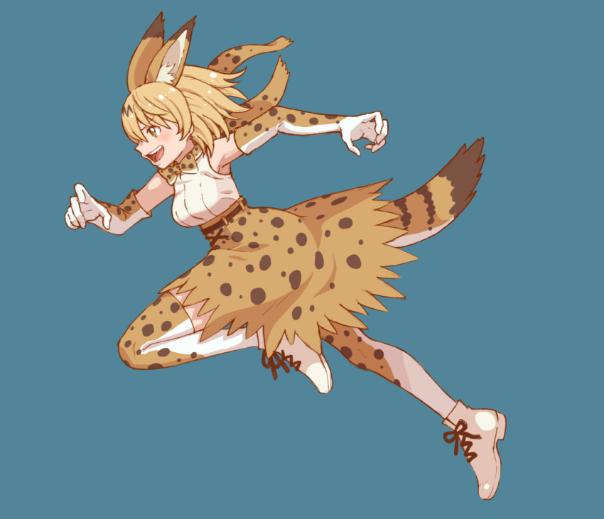 1girl animal_ears animal_print arm_up armpits bare_shoulders blonde_hair blue_background bow bowtie brown_eyes elbow_gloves extra_ears eyebrows_visible_through_hair floating_hair from_side full_body gloves graphite_(medium) hand_up high-waist_skirt kemono_friends knee_up lace looking_afar medium_skirt open_mouth outstretched_leg print_gloves print_legwear print_neckwear print_skirt running scarf serval_(kemono_friends) serval_ears serval_print serval_tail shirt shoes simple_background skirt sleeveless sleeveless_shirt smile solo striped_tail tail tanuki_koubou thighhighs traditional_media upper_teeth v-shaped_eyebrows white_shirt zettai_ryouiki