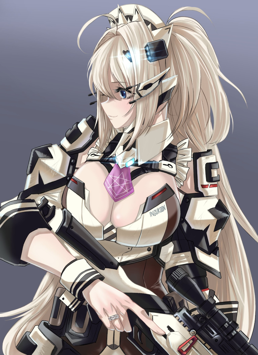 1girl ahoge blonde_hair blue_eyes breasts cleavage commentary_request eyebrows_visible_through_hair girls_frontline glowing_armor gun hair_ornament hanyang_type_88_(girls_frontline) highres holding holding_weapon ingukoon jewelry large_breasts long_hair mod3_(girls_frontline) purple_neckwear rifle ring science_fiction solo trigger_discipline weapon white_armor