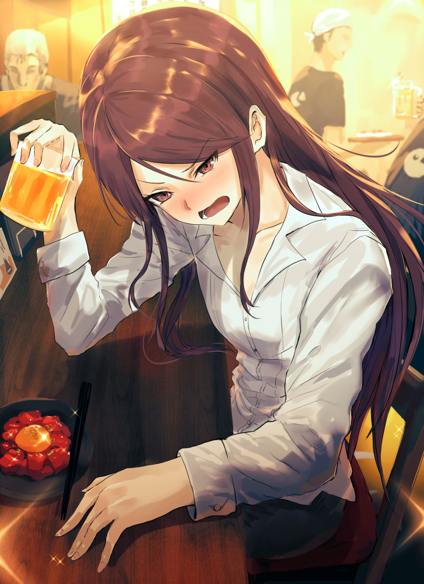 1girl 2boys absurdres alcohol bangs black_hair black_shirt black_skirt blush breasts brown_eyes brown_hair chair chopsticks collarbone collared_shirt commentary_request cup dress_shirt drinking_glass eyebrows_visible_through_hair fingernails food grey_hair gundou_mirei hair_between_eyes head_scarf highres holding holding_cup indoors kumamoto_nomii-kun long_hair long_sleeves multiple_boys nijisanji on_chair open_mouth shirt short_sleeves sitting skirt small_breasts solo_focus sparkle v-shaped_eyebrows very_long_hair virtual_youtuber white_shirt