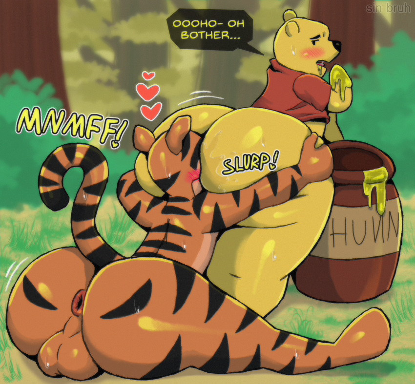 &lt;3 2019 anal anal_juice anthro anus balls big_balls big_butt blush bodily_fluids bottomless butt clothed clothing detailed_background dialogue digital_media_(artwork) disney doughnut drooling duo english_text felid food fur girly hi_res honey hug huge_butt hugging_from_behind looking_back male male/male mammal nude open_mouth oral pantherine pooh_bear puffy_anus rear_view rimming saliva sex shirt sin_bruh sitting standing striped_fur stripes text thick_thighs tiger tigger topwear ursid wide_hips winnie_the_pooh_(franchise)