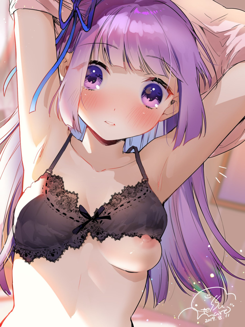 1girl aikatsu! aikatsu!_(series) armpits arms_up bangs bare_shoulders bed bedroom black_bra blue_ribbon blunt_bangs blunt_ends blush bra breasts close-up collarbone dated dutch_angle eyebrows_visible_through_hair geshumaro hair_ribbon highres hikami_sumire hime_cut indoors long_hair looking_at_viewer nipple_slip nipples open_mouth portrait_(object) purple_eyes purple_hair ribbon shirt_removed signature small_breasts solo sunlight teeth underwear undressing upper_body wardrobe_malfunction
