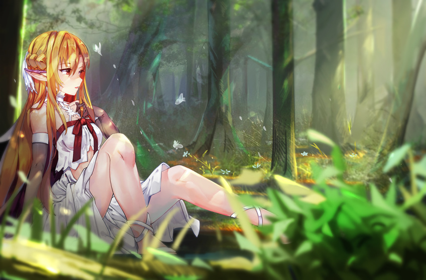asuna_(sao) black_gloves blonde_hair blurry_foreground braid breasts bug butterfly cleavage crown_braid day elbow_gloves forest gloves grass insect knee_up long_hair midriff nature outdoors pointy_ears profile red_eyes sitting skirt small_breasts sunlight sword_art_online tree very_long_hair white_skirt xiao_feng