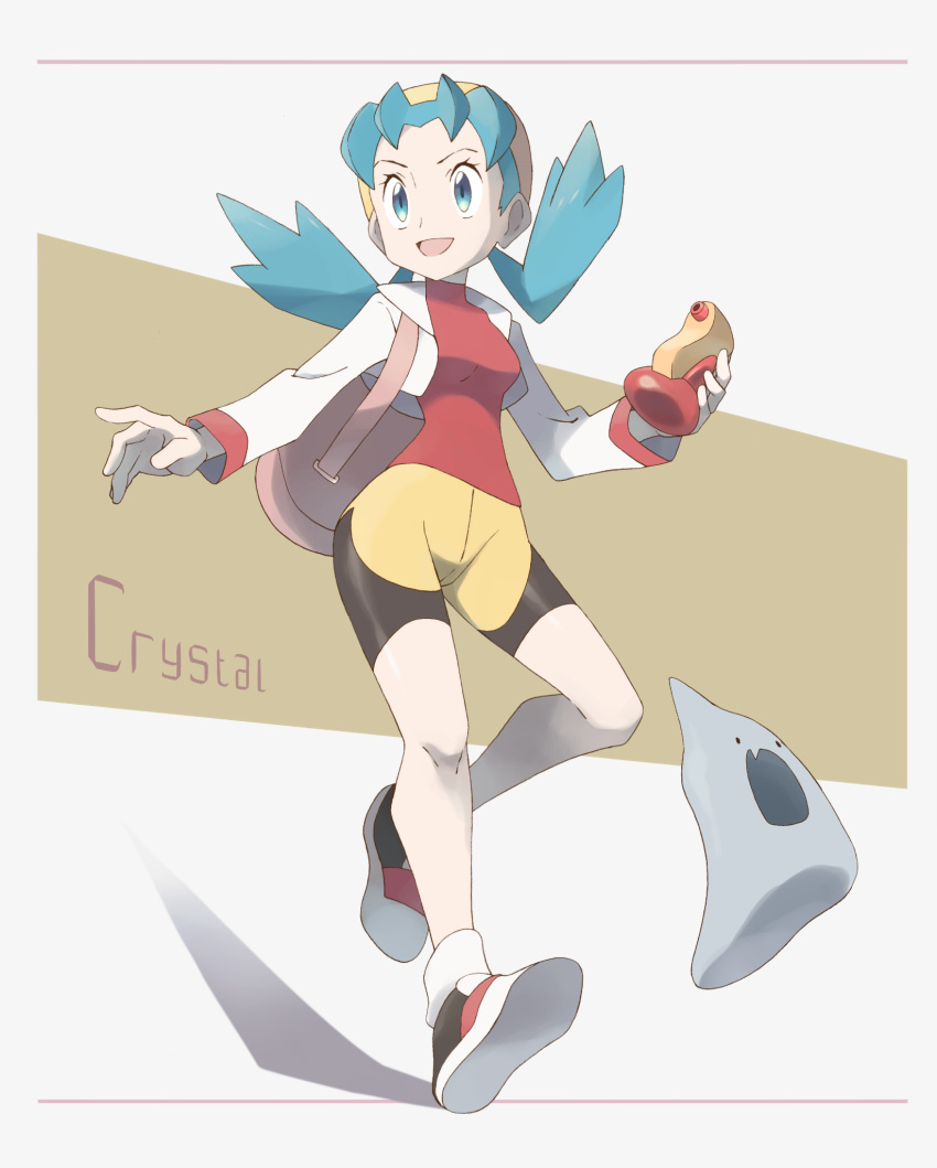 1girl bike_shorts blue_eyes blue_hair cameltoe character_name crystal_(pokemon) ditto highres nomura_(buroriidesu) pokemon pokemon_(game) pokemon_gsc pokemon_gsc_beta shoes smile sneakers spiked_hair twintails