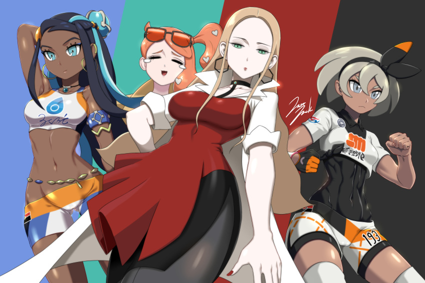 4girls absurdres arm_up armlet ass_visible_through_thighs black_hair black_hairband black_legwear blonde_hair blue_background blue_eyes blue_hair breasts choker clenched_hand closed_eyes covered_navel dark_skin dress earrings eyewear_on_head facing_viewer gloves green_eyes grey_hair gym_leader hair_between_eyes hair_ornament hairband heart heart_hair_ornament highres hoop_earrings jazzjack jewelry large_breasts lipstick long_hair looking_at_viewer makeup multicolored_hair multiple_girls nail_polish navel necklace olive_(pokemon) open_mouth orange_hair pantyhose pokemon pokemon_(game) pokemon_swsh red_dress red_nails rurina_(pokemon) saitou_(pokemon) short_hair short_sleeves shorts side_ponytail simple_background single_glove skirt smile sonia_(pokemon) standing sunglasses swimsuit tankini thighhighs two-tone_hair white_legwear white_shorts wristband