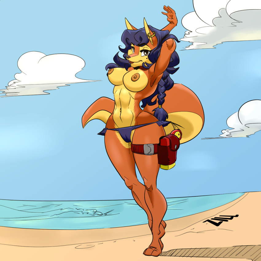 1:1 animal_humanoid anthro athletic beach big_breasts bikini bikini_bottom blue_hair breasts brown_eyes brown_fur brown_nipples camel_toe canid canine carmelita_fox clothing color_edit colored curvaceous ear_piercing edit female fox fur gun hair hands_behind_head hi_res hourglass_figure humanoid long_hair looking_at_viewer mammal mole_(disambiguation) mole_under_eye navel nipples outside piercing police policewoman ranged_weapon sea seaside sly_cooper_(series) smile sony_corporation sony_interactive_entertainment sucker_punch_productions swimwear thick_thighs thigh_strap toned_female video_games voluptuous water weapon wide_hips zillford