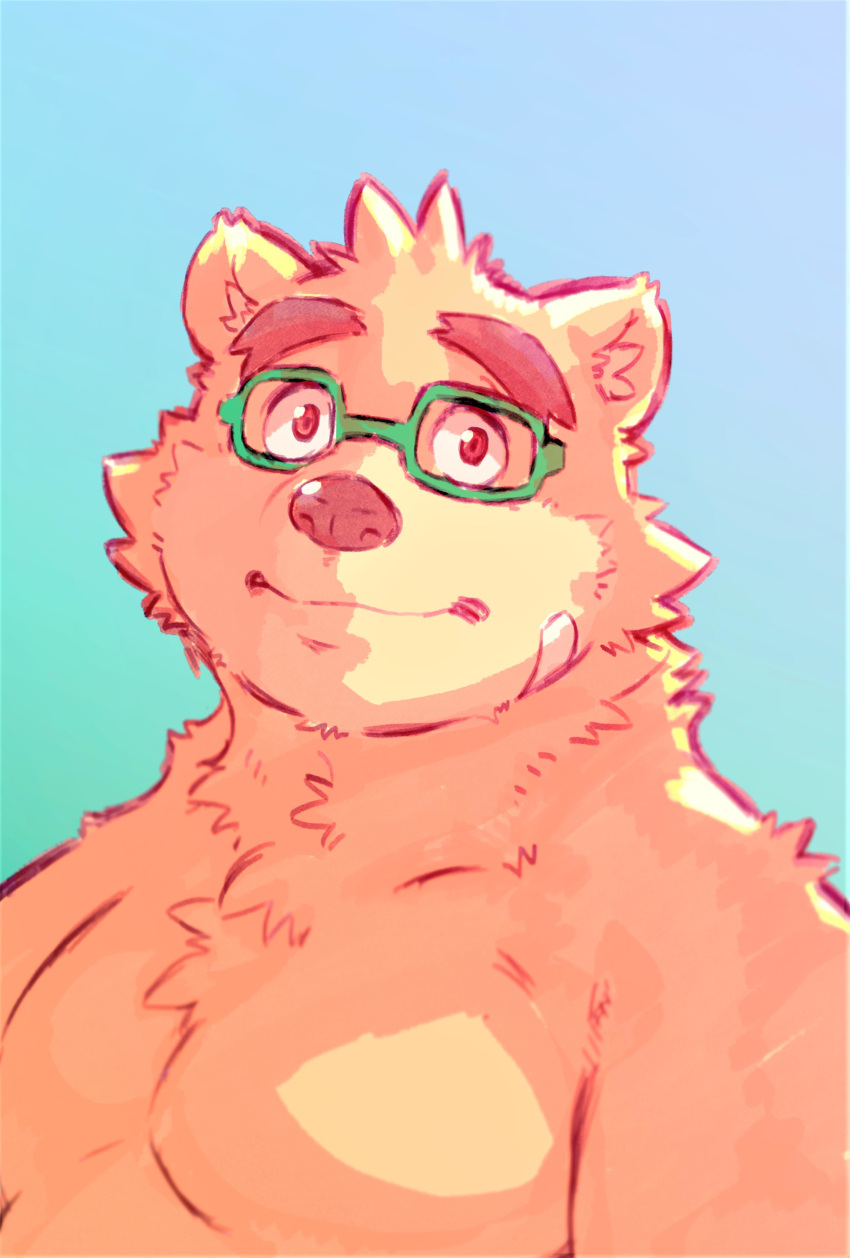 2019 absurd_res anthro blue_background brown_fur eyewear fur glasses heylaw21 hi_res male mammal moobs portrait simple_background solo tokyo_afterschool_summoners ursid video_games volos