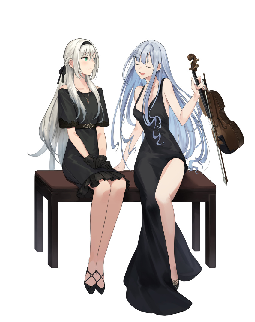 2girls ak-12_(girls_frontline) an-94_(girls_frontline) bench black_dress black_footwear black_gloves black_ribbon blue_hair bow_(instrument) braid breasts closed_eyes dress girls_frontline gloves green_eyes hair_ribbon hands_together highres holding holding_instrument instrument jewelry long_hair looking_at_another mt_(ringofive) multiple_girls necklace ribbon short_sleeves sidelocks silver_hair simple_background sitting small_breasts very_long_hair violin white_background