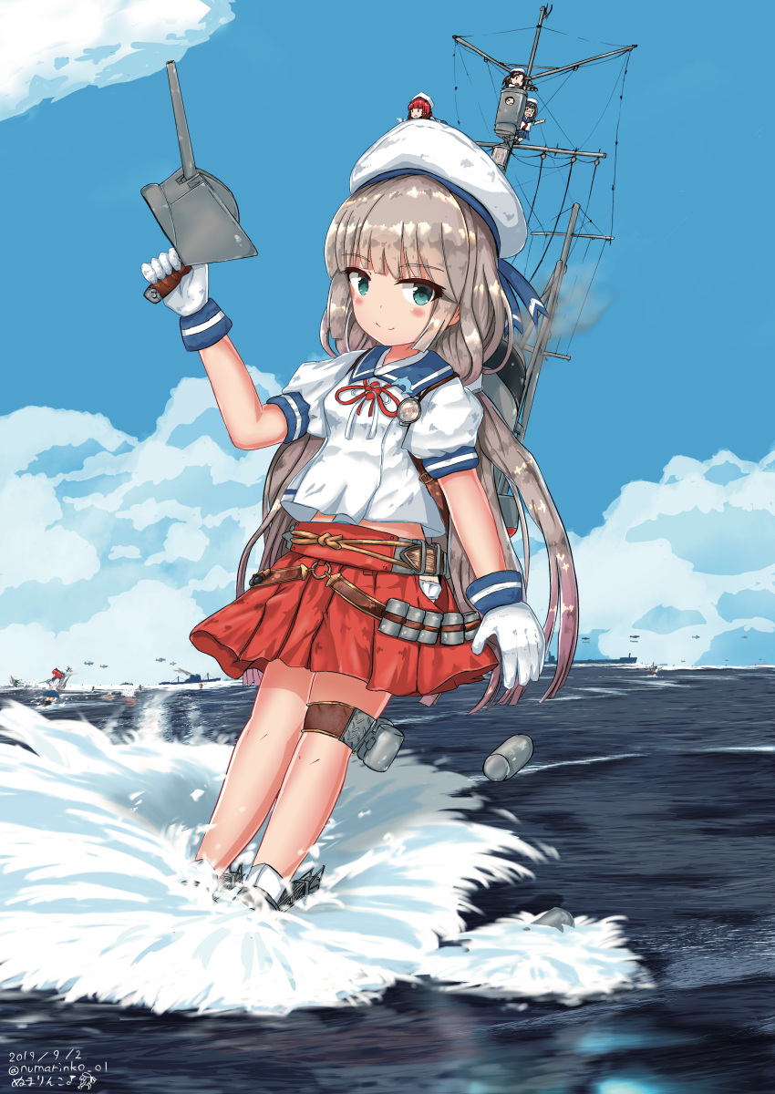 3girls absurdres adapted_turret aircraft airplane artist_name blue_sailor_collar blue_sky cannon cloud commentary_request dated day depth_charge etorofu_(kantai_collection) fairy_(kantai_collection) gloves green_eyes grey_hair hat highres hip_vent horizon kantai_collection long_hair looking_at_viewer low_twintails mikura_(kantai_collection) minigirl multiple_girls numarinko ocean on_head outdoors panties person_on_head pleated_skirt puffy_short_sleeves puffy_sleeves red_skirt sailor_collar sailor_hat sailor_shirt ship shirt short_sleeves skirt sky smokestack socks turret twintails twitter_username undershirt underwear water watercraft white_gloves white_legwear white_panties white_shirt