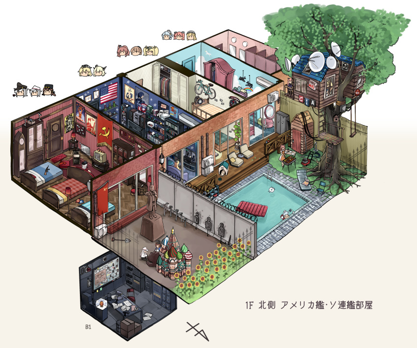 6+girls ak-47 american_flag assault_rifle bear bed captain_america chair chibi clock closet coca-cola colorado_(kantai_collection) commentary dollhouse_view enemy_lifebuoy_(kantai_collection) faberge_egg fence fletcher_(kantai_collection) floorplan flower gambier_bay_(kantai_collection) gangut_(kantai_collection) grass grill gun hibiki_(kantai_collection) highres ido_(teketeke) indoors interior intrepid_(kantai_collection) iowa_(kantai_collection) johnston_(kantai_collection) kantai_collection kremlin lenine little_blue_whale_(kantai_collection) mirror multiple_girls outdoors paper partially_submerged perspective plant pool pool_ladder poolside radar_dish revision rifle samuel_b._roberts_(kantai_collection) saratoga_(kantai_collection) simple_background soviet_flag standing statue sunflower swimsuit tashkent_(kantai_collection) television translated tree treehouse uncle_sam verniy_(kantai_collection) very_wide_shot vladimir_lenin wall water weapon white_background window wojtek_(ido)