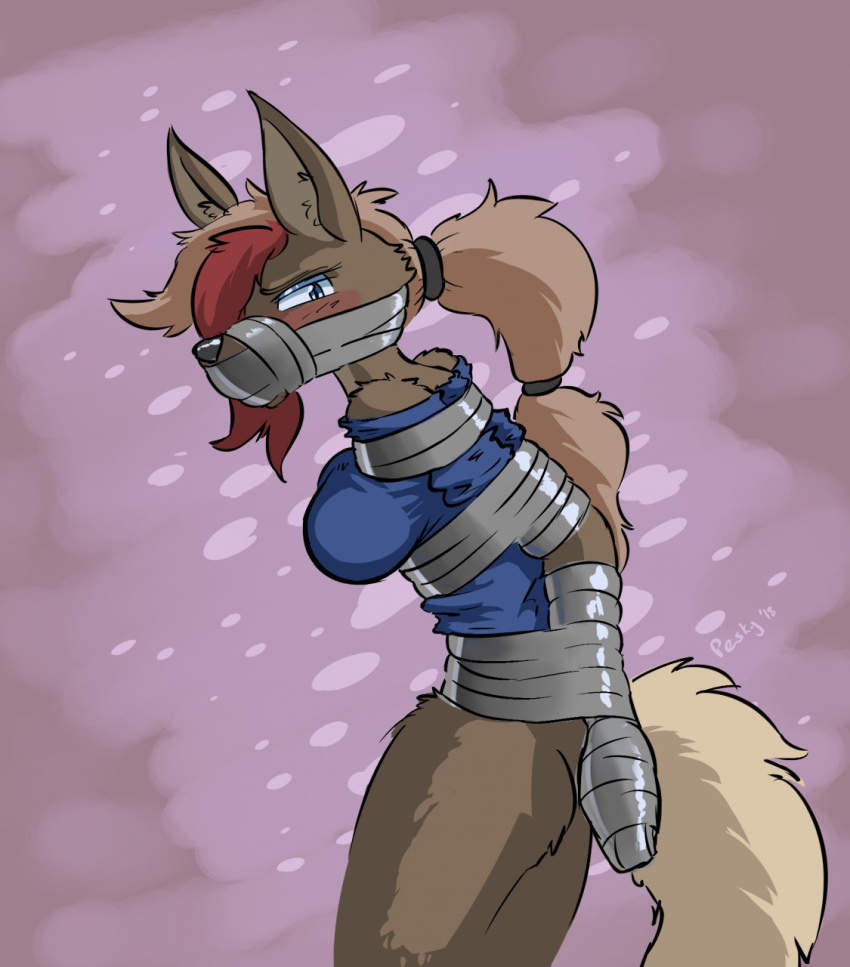 2018 accessory anthro arms_tied black_nose blue_clothing blue_eyes blush bound breasts butt canid canine canis clothed clothing dingo female gag gagged hair_accessory hair_tie hands_behind_back hands_tied hi_res looking_at_viewer mammal peskybatfish shirt solo standing tape tape_gag topwear val_(tightly-doodles)