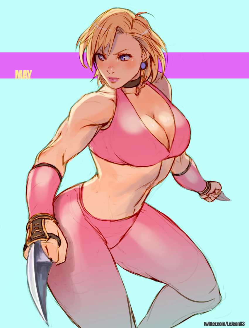 1girl absurdres black_choker blonde_hair blue_eyes breasts choker cleavage closed_mouth commentary commentary_request commission commissioner_upload earrings final_fight highres jewelry muscle muscular_female rejean_dubois short_hair solo weapon