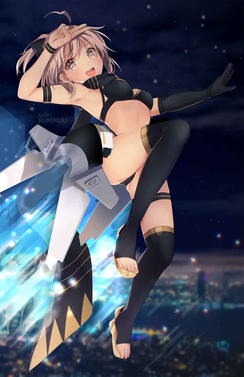 1girl :d absurdres ahoge arm_strap arm_up armpits artist_name asymmetrical_gloves bikini black_bikini black_gloves black_legwear blurry blurry_background breasts cloud elbow_gloves fate/grand_order fate_(series) full_body gloves highres k-rumi looking_at_viewer medium_breasts night okita_souji_(fate)_(all) okita_souji_(swimsuit_assassin)_(fate) open_mouth outdoors short_hair short_ponytail silver_eyes silver_hair single_glove smile snowing solo swimsuit thigh_strap thighhighs