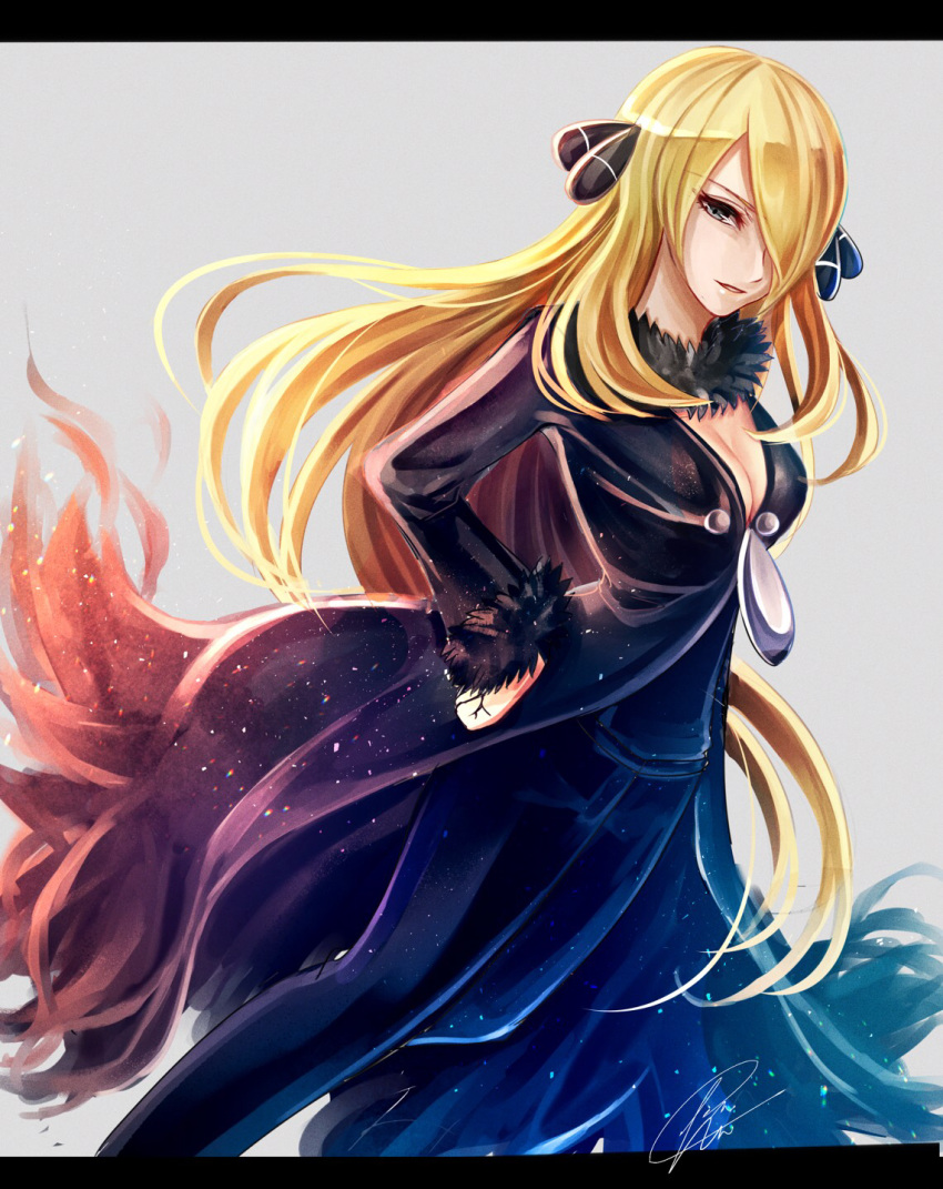 1girl black_coat black_pants black_shirt blonde_hair blue_eyes breasts chiachun0621 cleavage floating_hair fur_coat grey_background hair_ornament hair_over_one_eye highres long_hair looking_at_viewer medium_breasts pants parted_lips pokemon pokemon_(game) pokemon_dppt shirona_(pokemon) shirt signature smile solo standing very_long_hair