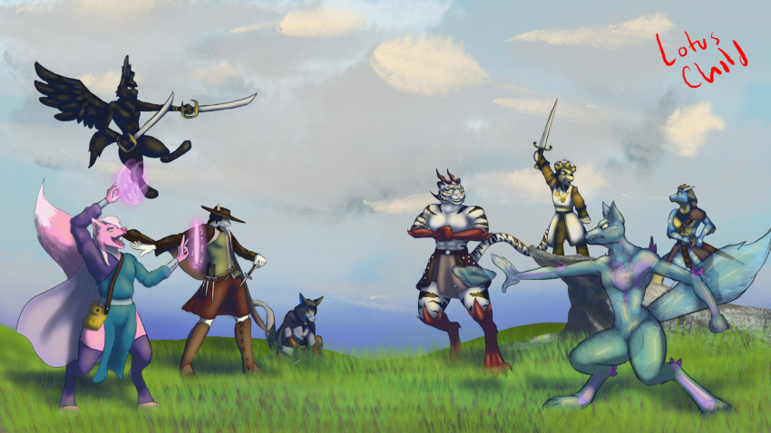 16:9 2019 anthro armor battle bovid canid canine canis caprine clothed clothing cloud collage dakota day detailed_background digital_media_(artwork) drago dragon equid equine fight fur goat grass group hi_res hill horse kyurgan lexa lotuschild male mammal marnol melee_weapon pony ranged_weapon raxinath sam sergal tiger_dragon water water_wolf weapon wolf