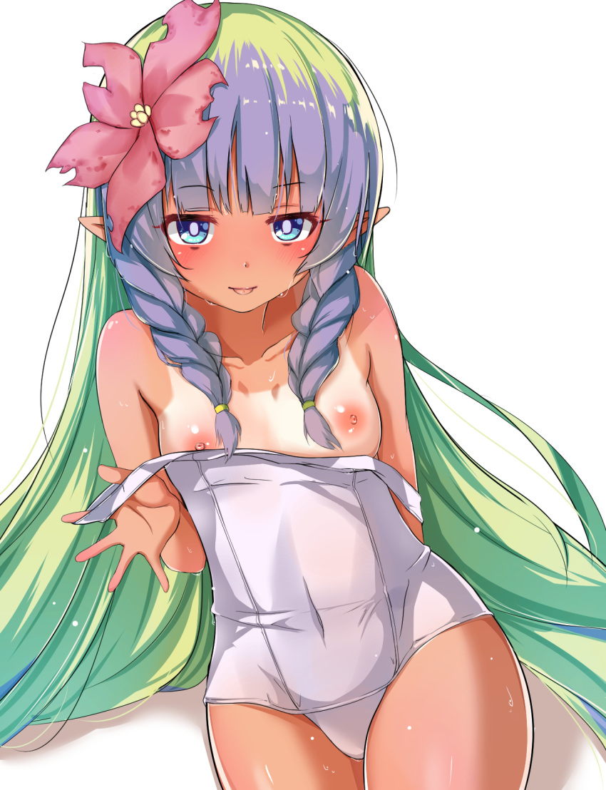 1girl :p ames aono_(f_i_s) bangs bare_arms bare_shoulders blue_eyes blush braid breasts closed_mouth collarbone covered_navel eyebrows_visible_through_hair flower gradient gradient_background green_hair hair_flower hair_ornament highres long_hair looking_at_viewer nipples one-piece_swimsuit pink_flower pointy_ears princess_connect! princess_connect!_re:dive pulled_by_self purple_hair school_swimsuit shadow side_braids sidelocks simple_background small_breasts smile solo swimsuit swimsuit_pull tan tanline tongue tongue_out twin_braids very_long_hair wet white_background white_school_swimsuit white_swimsuit